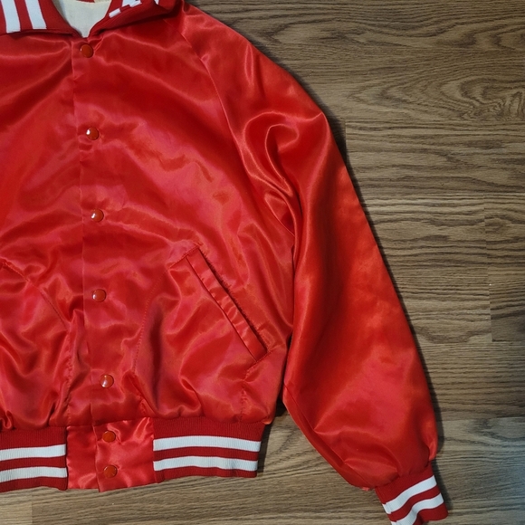 Bright Red Satin Varsity Jacket with Sporty Number Design - Picture 5 of 12